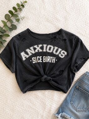 Anxious Since Birth Crop Top Black Graphic Tee small